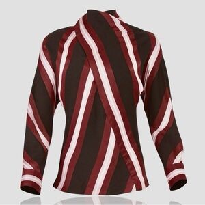 NWT Cedric Charlier Black, Pink & Burgundy ‘Striped High Neck Blouse’ Size 8